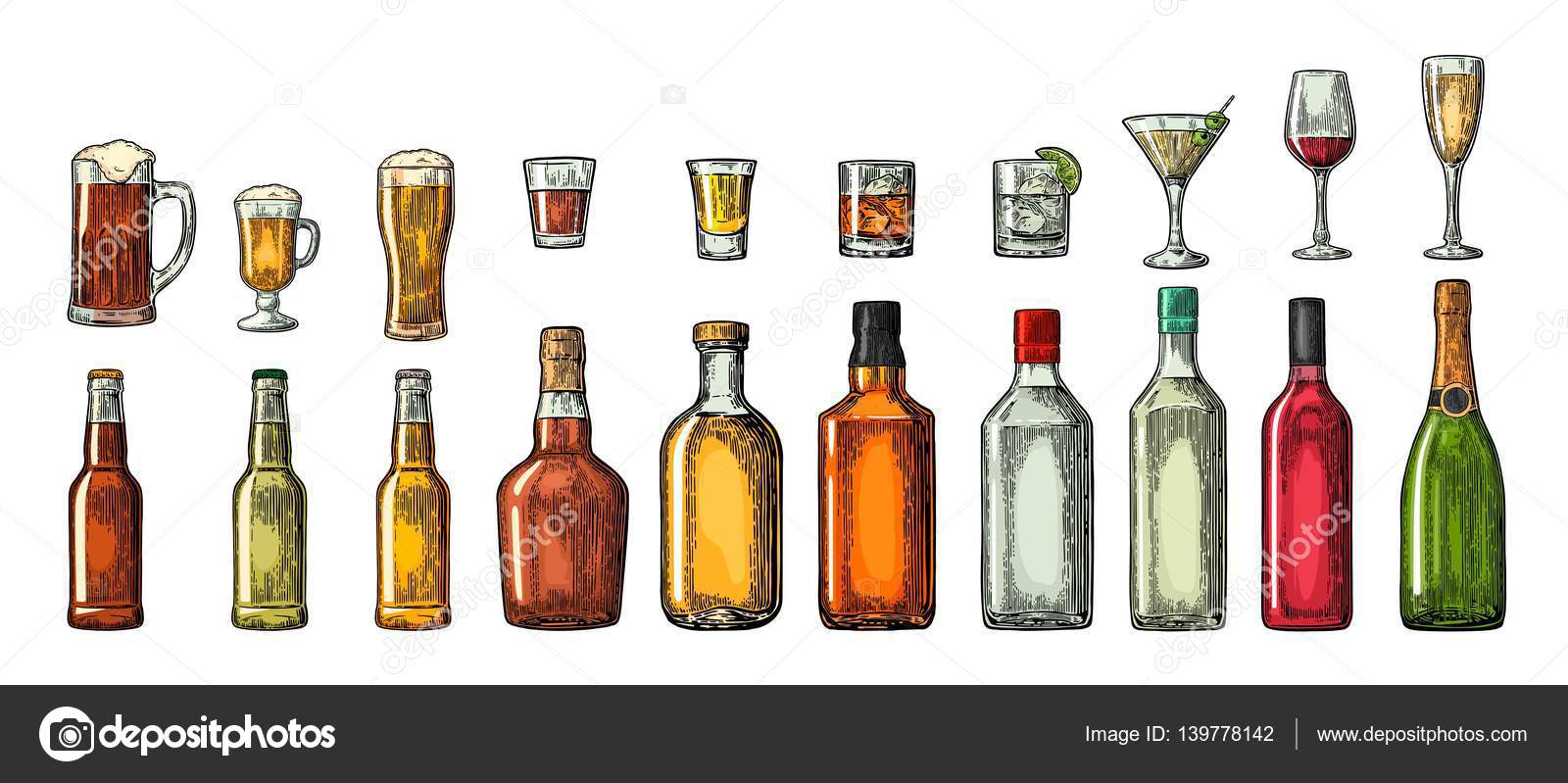 Set glass and bottle beer, whiskey, wine, gin, rum, tequila, cognac