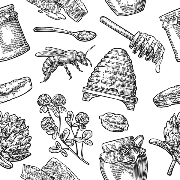 无缝模式与蜂蜜、 蜂、 蜂房、 三叶草、 勺子、 饼干，蜂窝. — 图库矢量图片