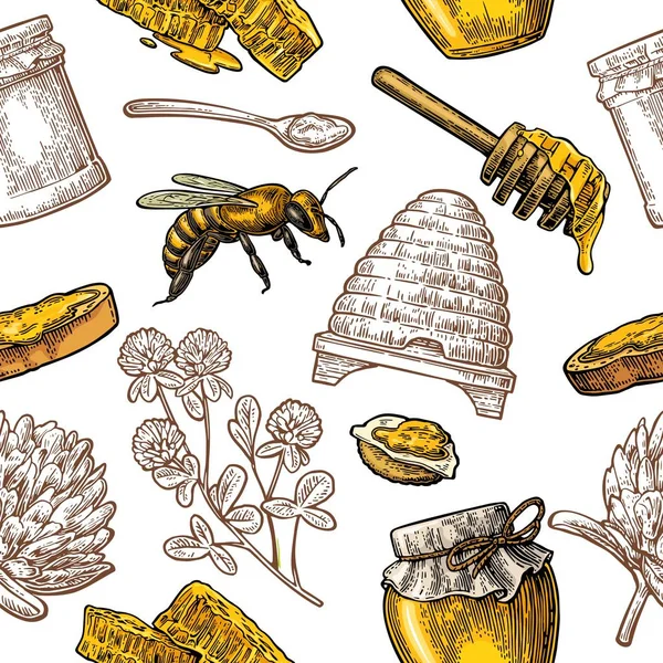 Nahtloses Muster mit Honig, Biene, Bienenstock, Klee, Löffel, Cracker, Wabe. — Stockvektor