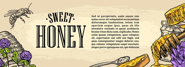 Квадратный плакат с медом, сотами, банкой, ложкой, пчелой . — стоковый вектор
