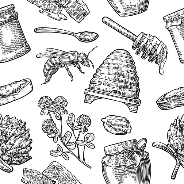 Seamless Pattern with honey, bee, hive, clover, spoon, cracker, honeycomb. — Stock Illustration Seamless Pattern with honey, bee, hive, clover, spoon, cracker, honeycomb. Royalty Free Stock Vectors