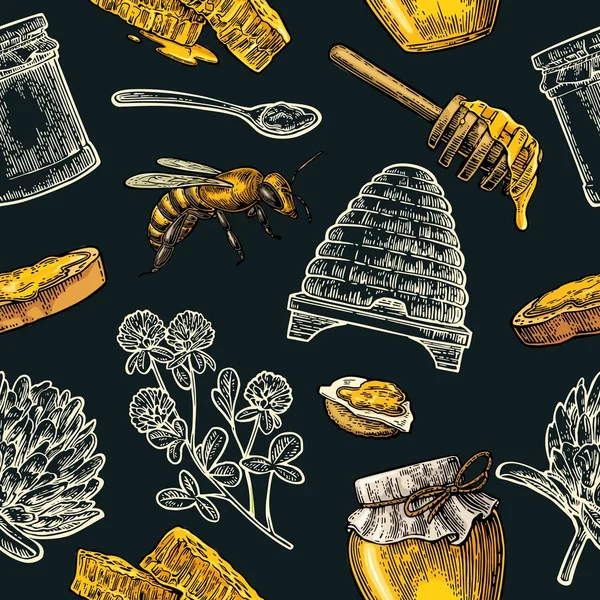 Seamless Pattern with honey, bee, hive, clover, spoon, cracker, honeycomb. — Stock Illustration Seamless Pattern with honey, bee, hive, clover, spoon, cracker, honeycomb. Stock Vector