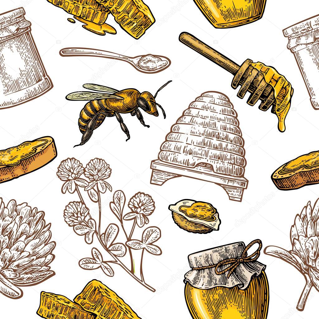 Seamless Pattern with honey, bee, hive, clover, spoon, cracker, honeycomb.