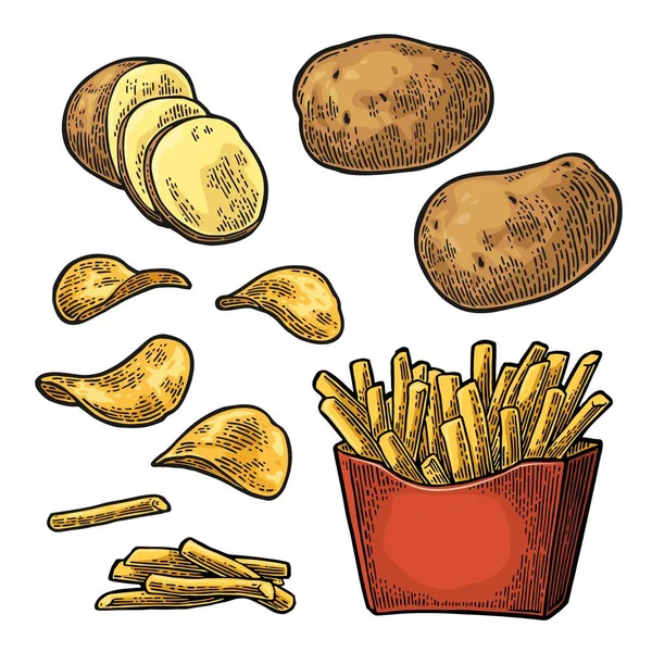 Pommes frites in Pappschachtel und Pommes. — Stockvektor