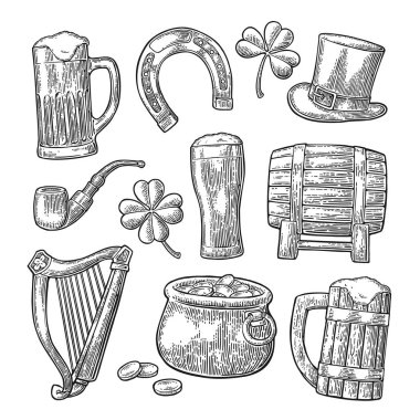 Saint Patrick Day. hat, Pot coins, pipe, beer, lyre, horseshoe