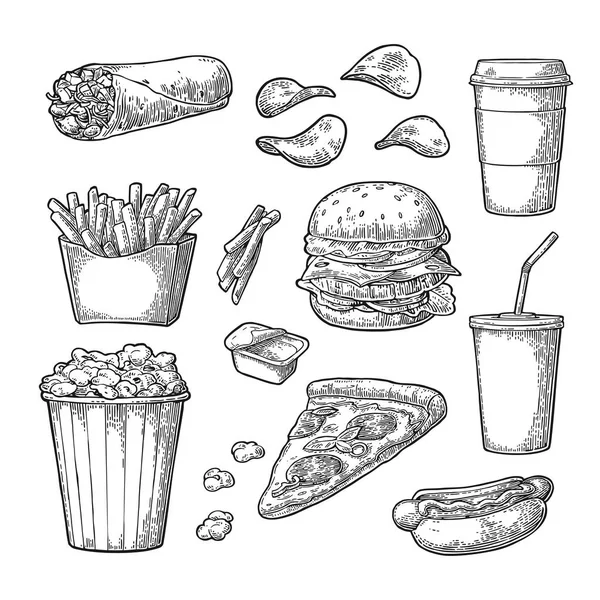 Impostare fast food. Caffè, hamburger, pizza, hot dog, patate fritte, popcorn — Vettoriale Stock