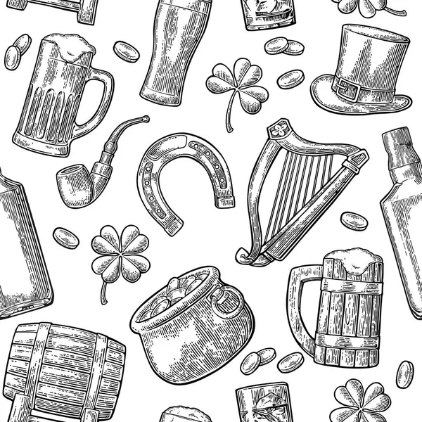 Saint Patrick. chapeau, Pot coins, pipe, bière, lyre, fer à cheval — Image vectorielle