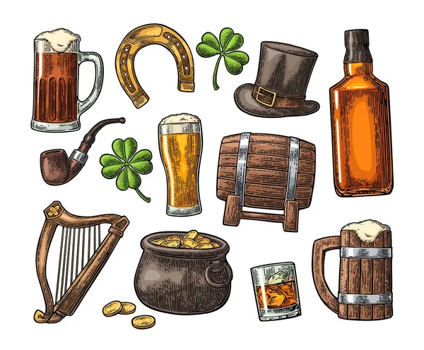 Saint Patrick Day. Pot monety, rury, piwo, liry, kapelusz, Podkowa — Wektor stockowy