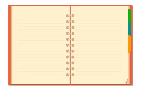 Leeres geöffnetes Notizbuch. Vektor flache Farbabbildung isoliert auf weißem Hintergrund. — Stockvektor