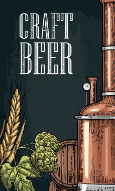 Vertical poster for craft beer. Tanks from brewery factory, hop. clipart