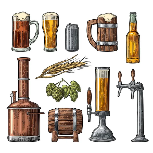 Juego de cervezas con grifo, clase, lata, botella y tanques de fábrica de cerveza . — Vector de stock