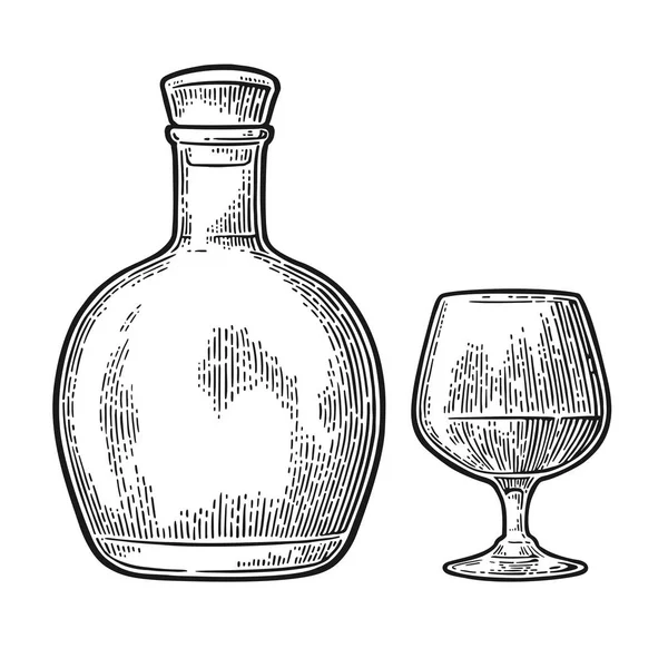 Vaso y botella de coñac. Ilustración de grabado vintage — Vector de stock