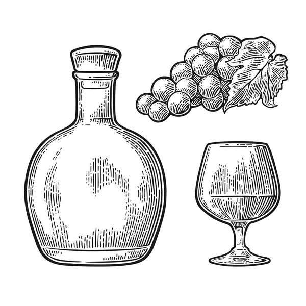 Verre et bouteille de cognac avec bouquet de raisins . — Image vectorielle