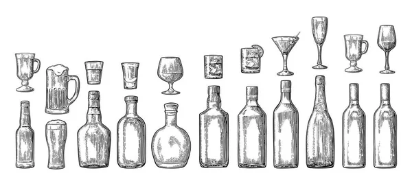 Nastavte sklo a láhev piva, whisky, víno, gin, rum, tequila, šampaňské, koktejl — Stockový vektor