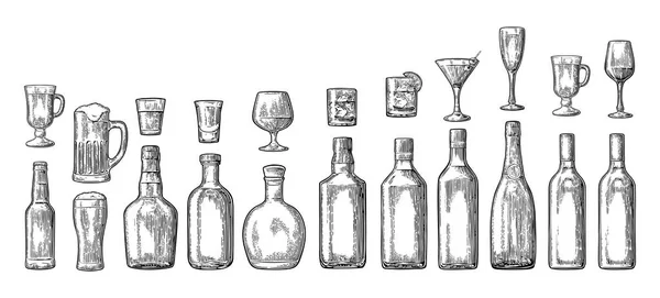 Set vaso y botella de cerveza, whisky, vino, ginebra, ron, tequila, champán, cóctel — Archivo Imágenes Vectoriales