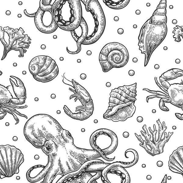 Seamless pattern sea shell, coral, crab, octopus and shrimp. Vector engraving vintage illustrations. Isolated on white background — Stock Vector