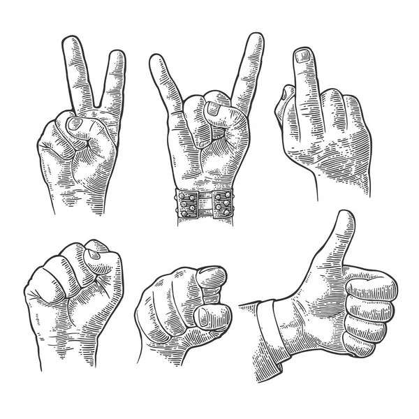 Mannelijke en vrouwelijke Hand teken. Vuist, zoals, wijzen, fig, Rock Roll. — Stockvector