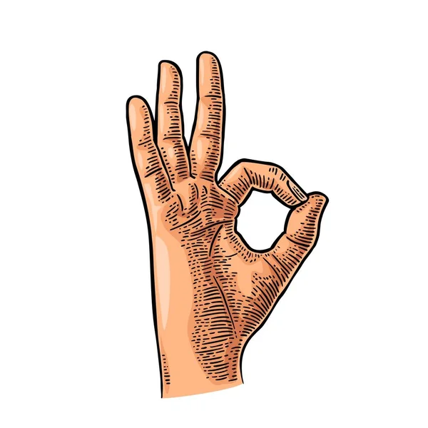 Handen visar symbolen Okej. Vector svart vintage ingraverat — Stock vektor