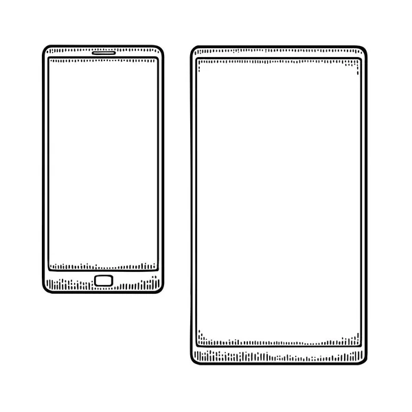 Dois telemóveis modernos. Vintage desenhado gravura vetor preto —  Vetores de Stock