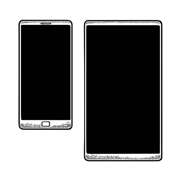 Two modern mobile phone. Vintage drawn black vector engraving — Stock Vector