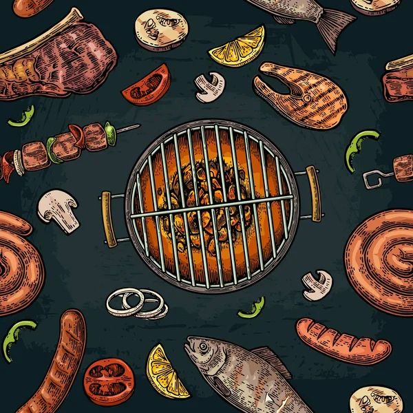 Seamless pattern barbecue grill. Top view charcoal, sausage, fish, steak. — Stock Vector