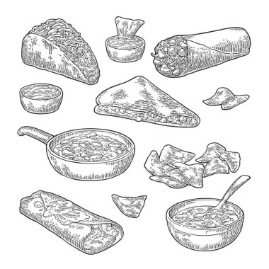 Meksika geleneksel yemek seti mesaj, burrito, taco, chili, domates, nachos.