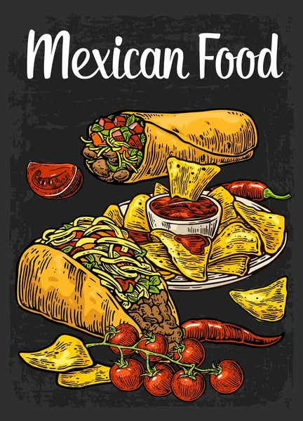 Poster messicano cibo tradizionale. Burrito, tacos, peperoncino, pomodoro, nachos — Vettoriale Stock