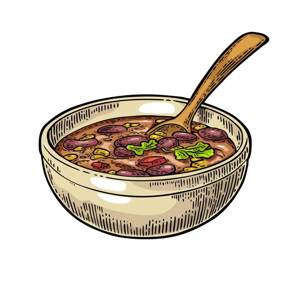 Chili con carne dans un bol avec cuillère - nourriture traditionnelle mexicaine . — Image vectorielle