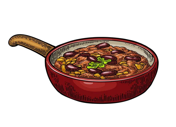 Chili con carne in pan - makanan tradisional Meksiko. Ukiran vektor - Stok Vektor