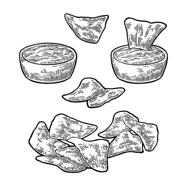 Начос с миской кетчупа или гуакамоле - мексиканская еда — стоковый вектор