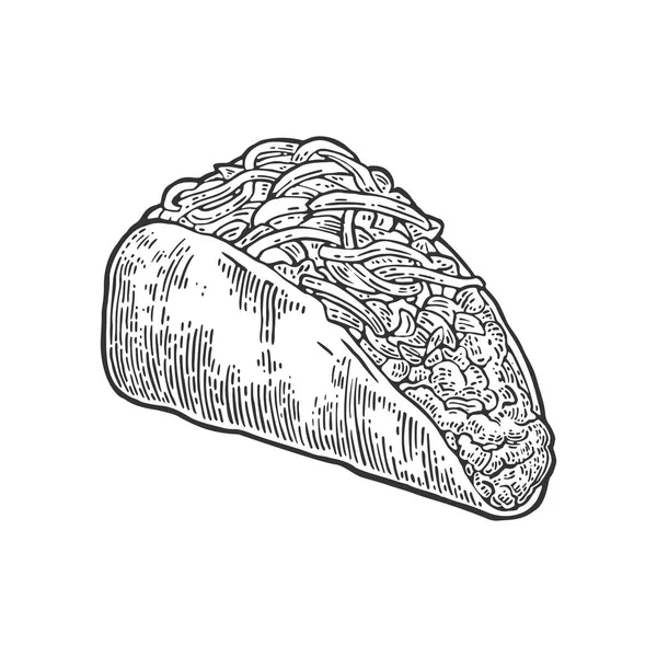 Tacos adalah makanan tradisional Meksiko. Vektor vintage terukir ilustrasi untuk menu, poster, web. Terisolasi pada latar belakang putih . - Stok Vektor