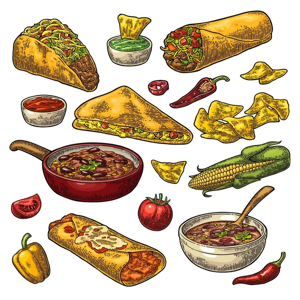 Meksika geleneksel yemekleri Guacamole, Enchilada, Burrito, Tacos, Nachos