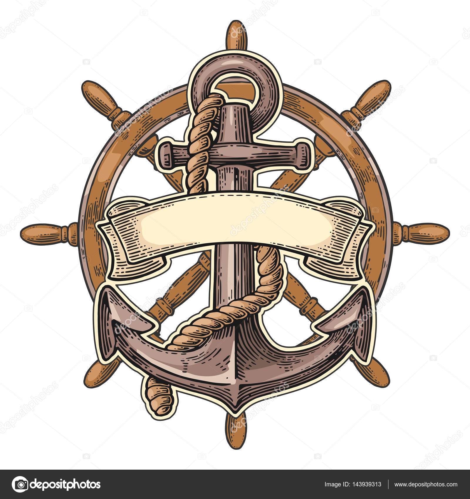 Anchor and wheel with ribbon isolated on beige background. Stock
