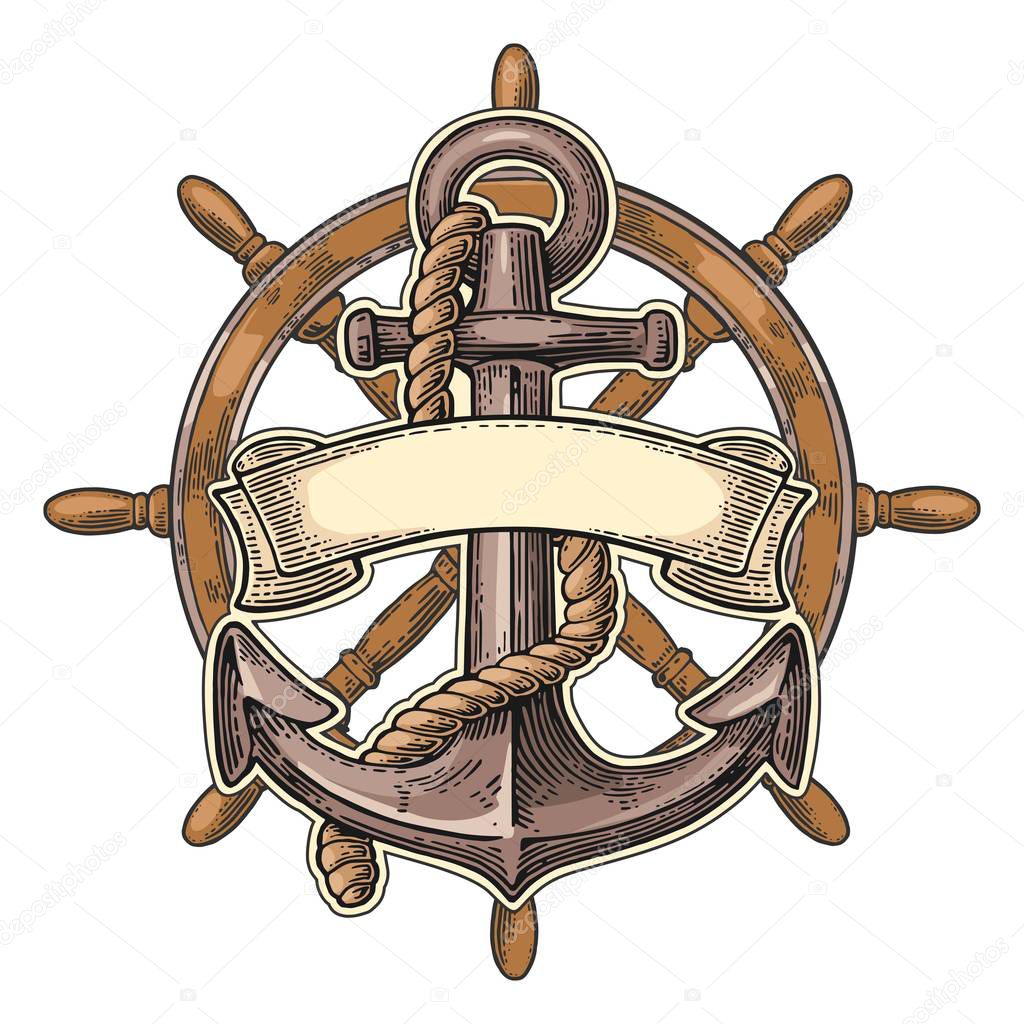 Anchor and wheel with ribbon isolated on beige background.