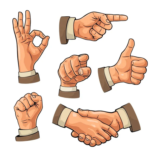 Manliga och kvinnliga Hand tecken. Fist, gilla, pekar, fig, Rock Roll. — Stock vektor