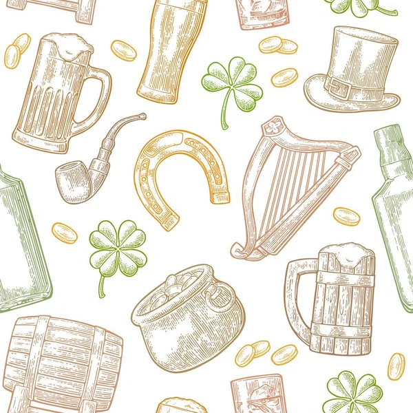 Saint Patrick Day. şapka, Pot paralar, boru, bira, lir, at nalı — Stok Vektör