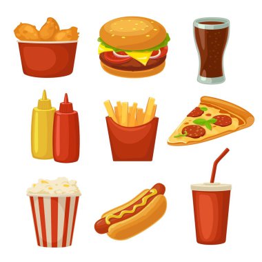 Set lokanta simgesi. Su bardağı kola, cips, börek, hamburger, pizza kızarmış tavuk bacakları sembolü fast food teslim veya paket ambalajlama için