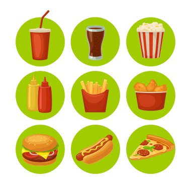 Set lokanta simgesi. Su bardağı kola, cips, börek, hamburger, pizza kızarmış tavuk bacakları sembolü fast food teslim veya paket ambalajlama için