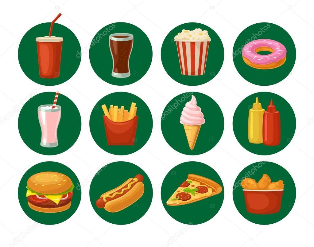 Set fast food icon. Cup cola, hamburger, pizza fried chicken legs