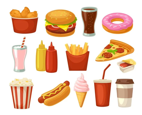 Set fastfood pictogram. Beker cola, hamburger, pizza gebakken kip benen — Stockvector