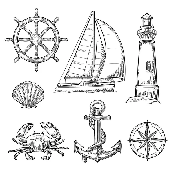 Anchor, wheel, sailing ship, compass rose, shell, crab, lighthouse engraving — Stock Vector