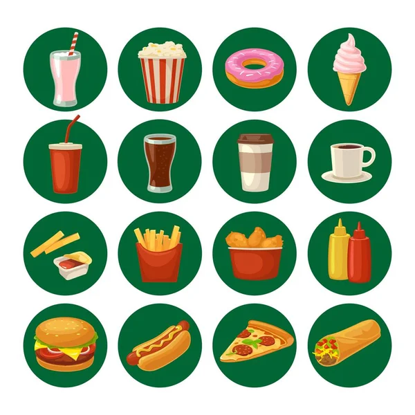 Set fast food icon. Cup cola, hamburger, pizza, burrito — Stock Vector