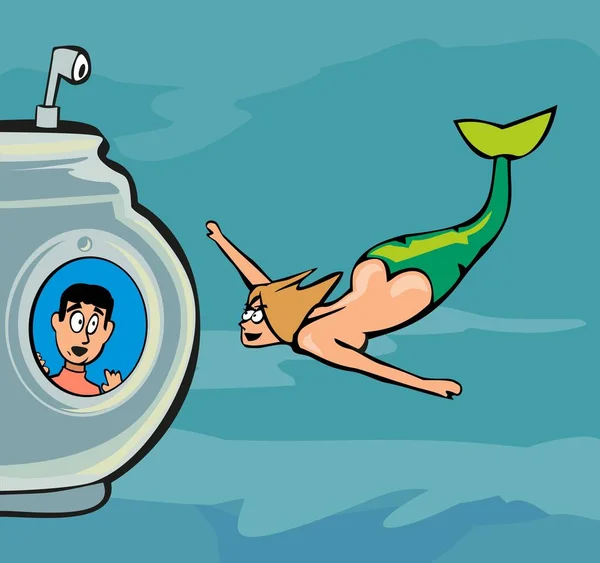 Mermaid natação e bathyscaphe com homem mergulho sob o mar — Vetor de Stock