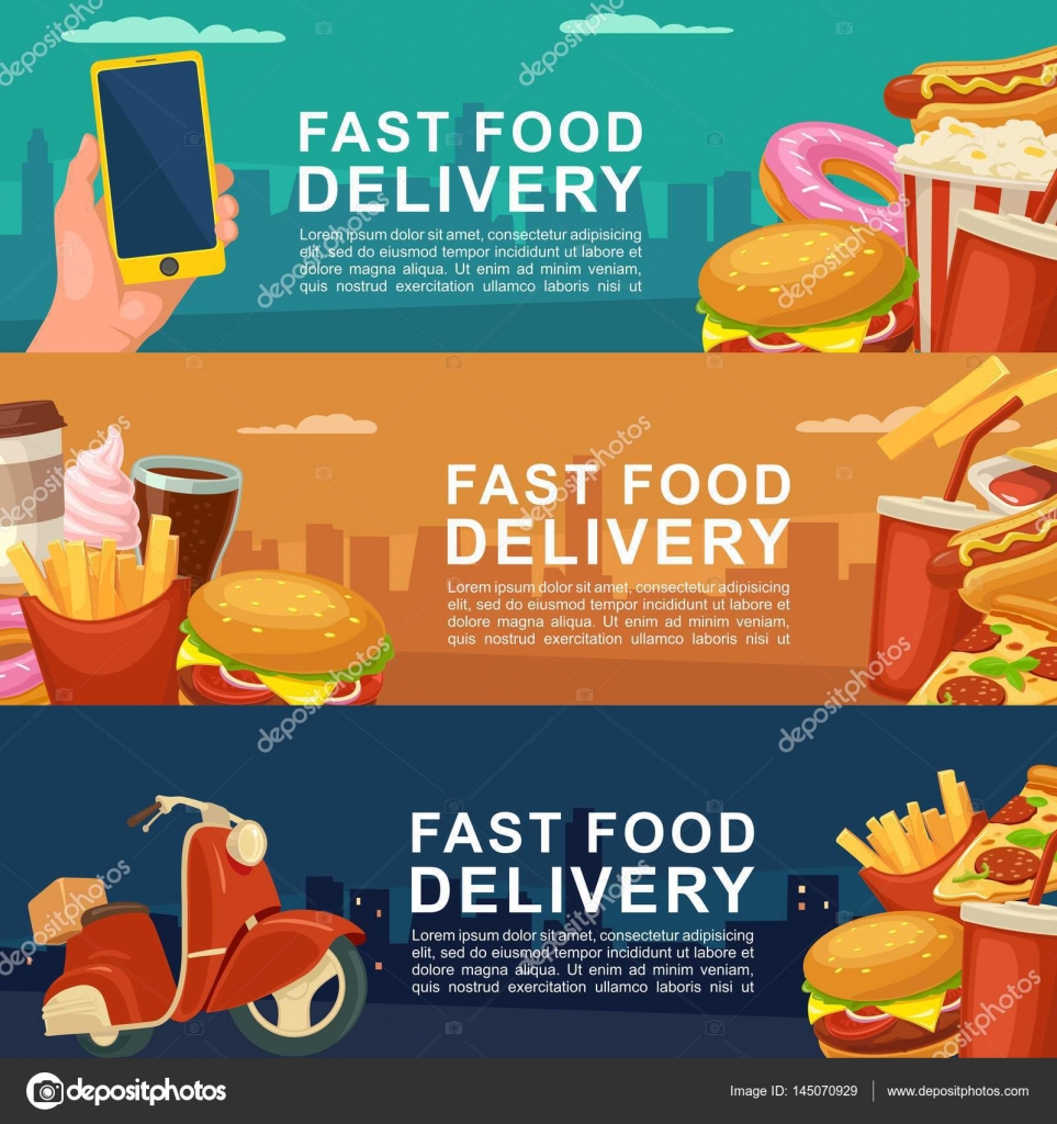 Three horizontal banner for fast food delivery. Stock Vector Image by ©DenisPotysiev 145070929