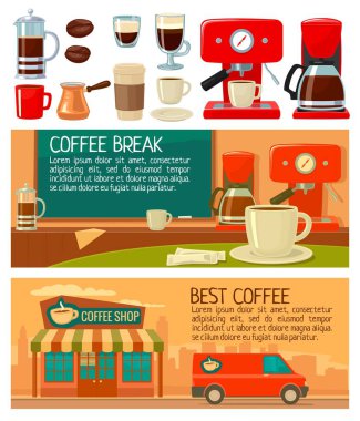 Kahve servisi için afişler salonu ve kafeterya ayarlayın. Düz vektör çizim.