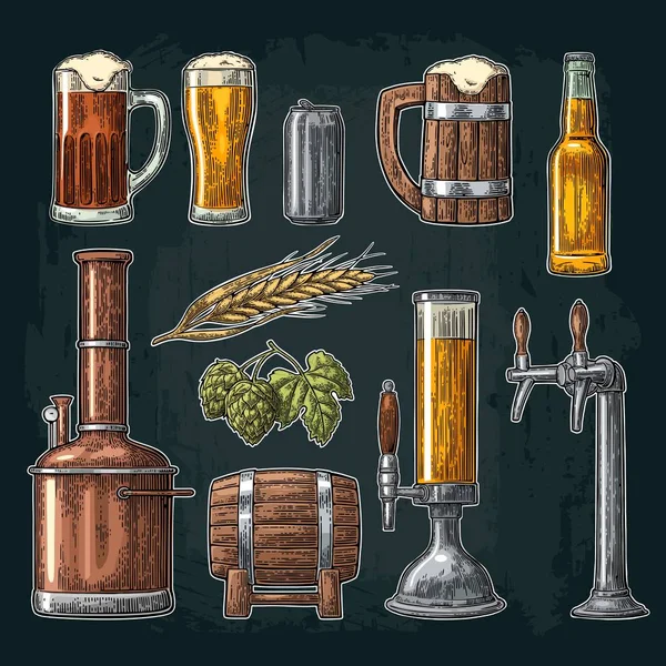 Beer set with tap, class, can, bottle and tanks from brewery factory. — Stock Vector