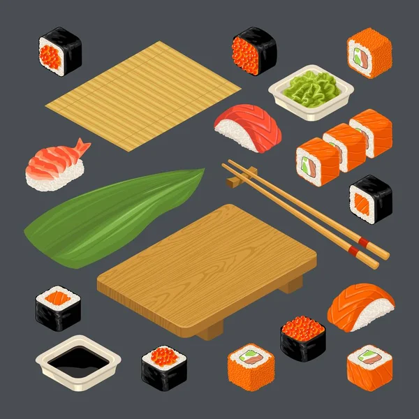 Set Ikone Sushi Nigiri und Rollen. serviert mit Bambusmatte, Essstäbchen, Wasabi, Sojasauce und Holzteller — Stockvektor