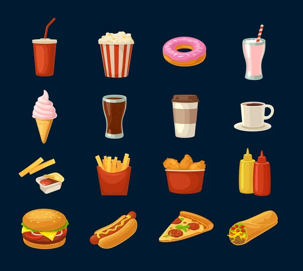 Establecer icono de comida rápida. Copa de cola, hamburguesa, pizza, burrito — Vector de stock