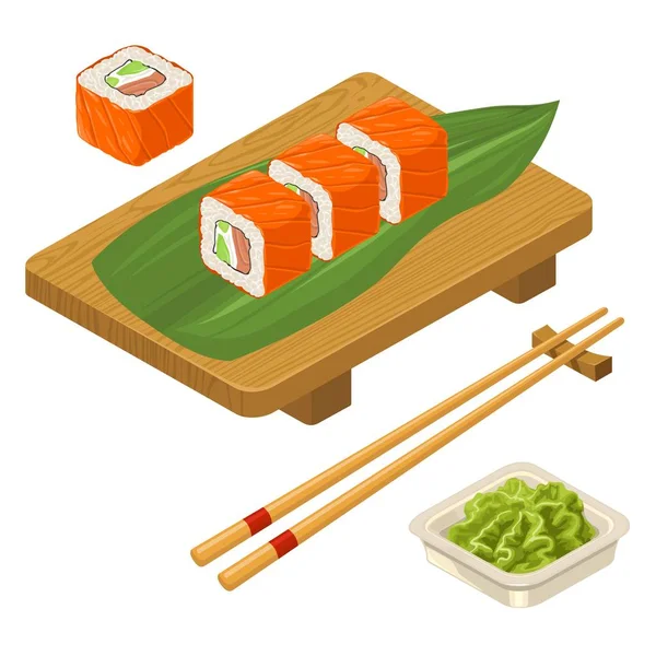 Sushi roll Philadelphia dengan wasabi, krim keju, sumpit, papan kayu . - Stok Vektor