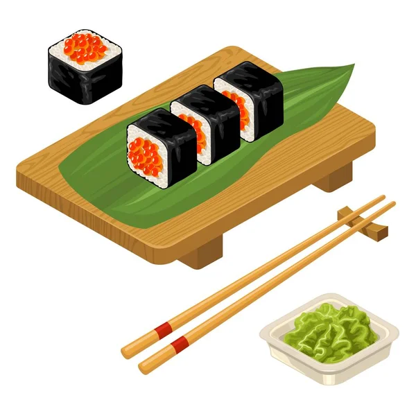 Sushi rolka s kaviárem, hůlkami, wasabi v misce, dřevěná deska. — Stockový vektor